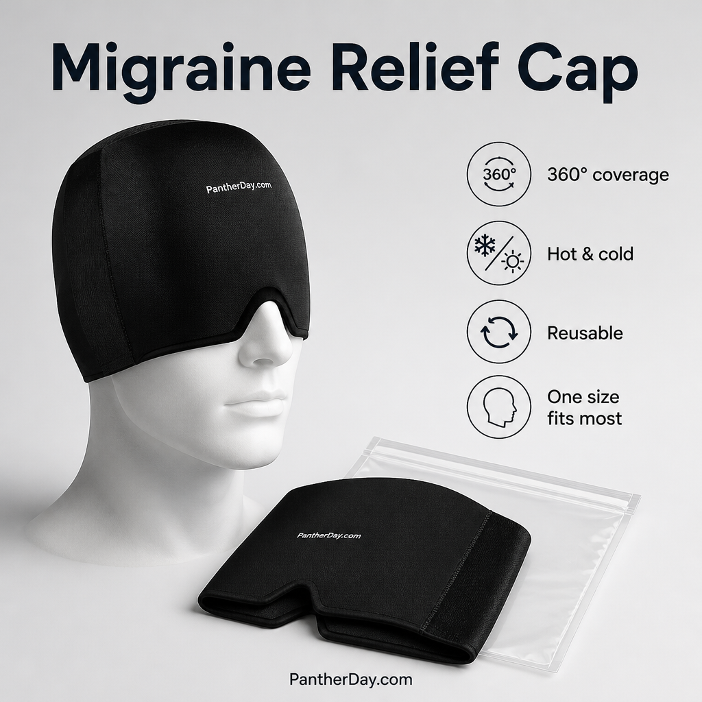 PantherDay Migraine Relief Cap – 360° Cooling Gel Head Wrap (Hot & Cold)